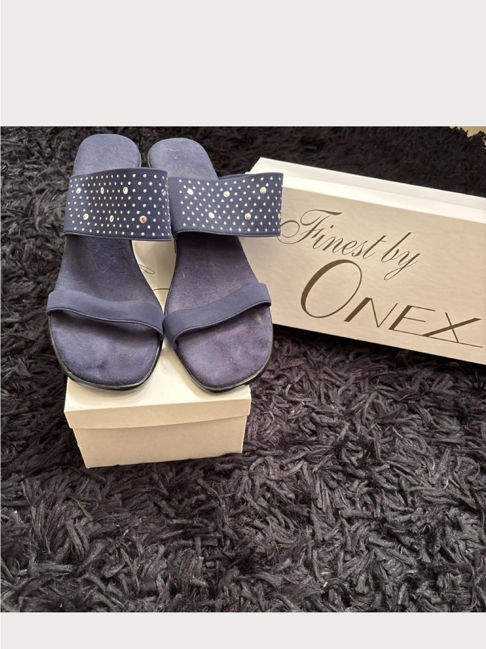 Onex Navy Suede Slide Sandals with Studded Wide Strap